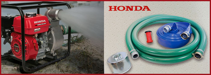 red Honda water pump discharging a spray of water; on the right, a hose kit accessory